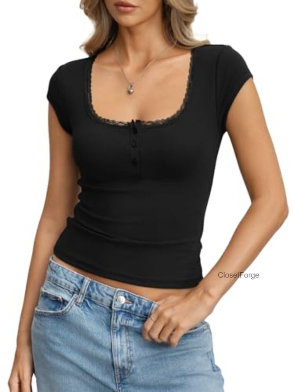 Women's Cotton Ribbed Lace Henley Crop Top Cap Sleeve